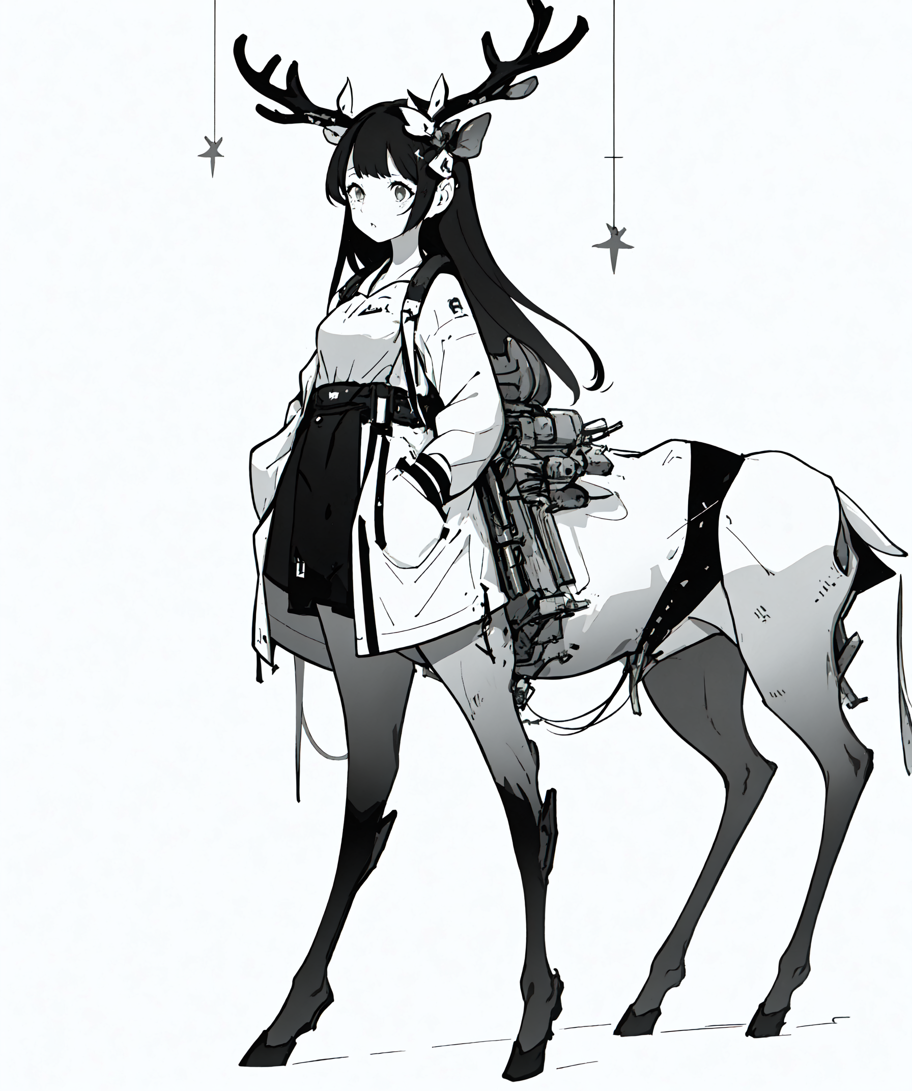 18646-3010952316-best quality, masterpiece,1girl, solo, full body, deer ear, antler, White background,Mechanic, _monochrome，greyscale，.png